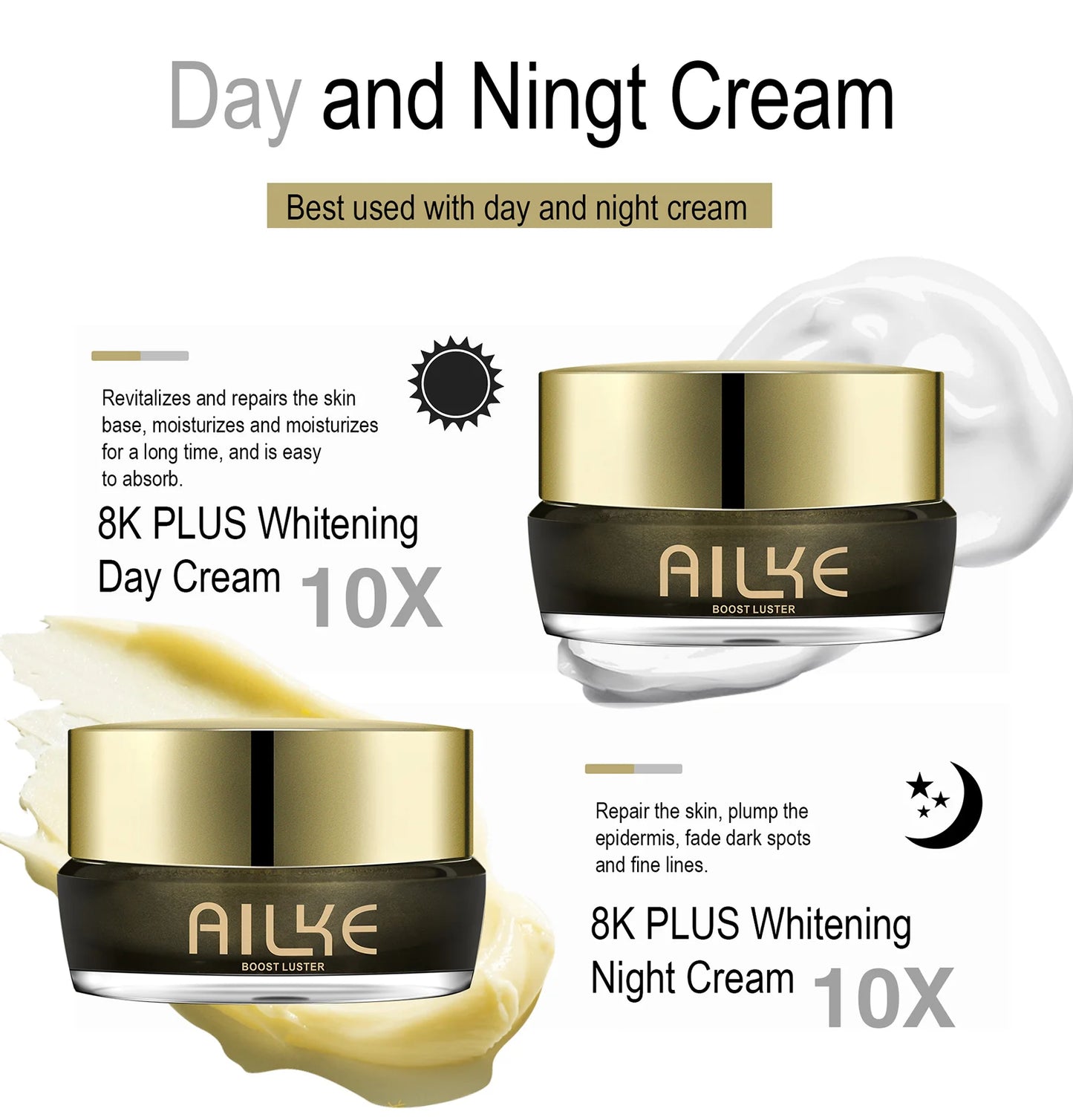 AILKE Lightening Face Cream, Reduce Dark Spots, Inhibit Melanin, With Collagen, Glutathione, For All Skin Types