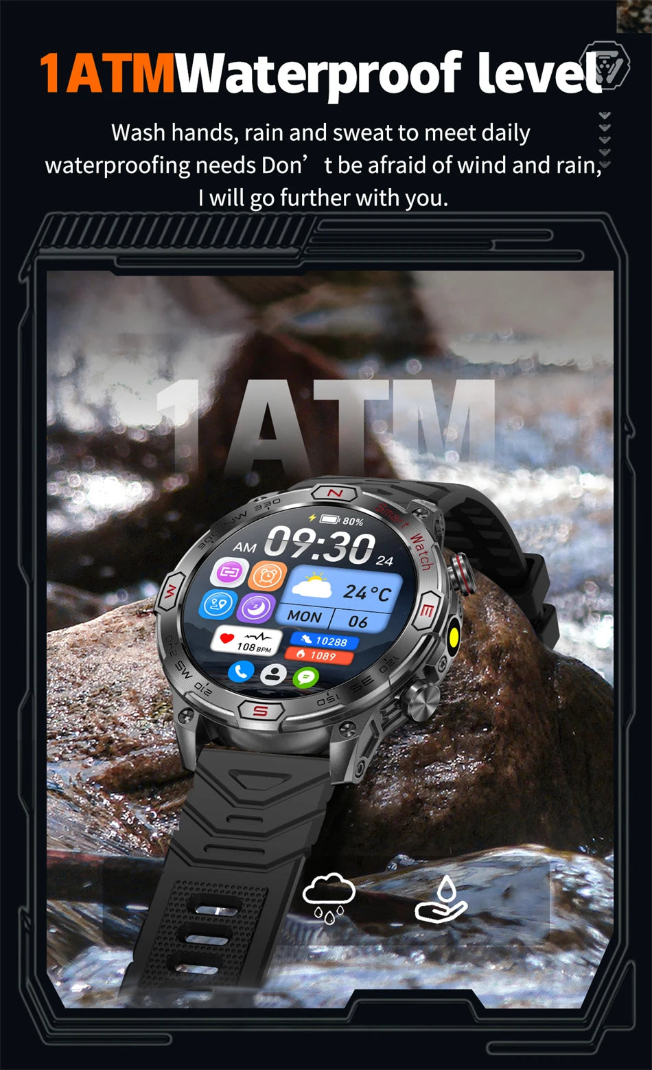 1 ATM Waterproof Smart Sport Watch Men With 450MAh Battery Health Monitoring Bluetooth Call Outdoor Compass Military Smart Watch