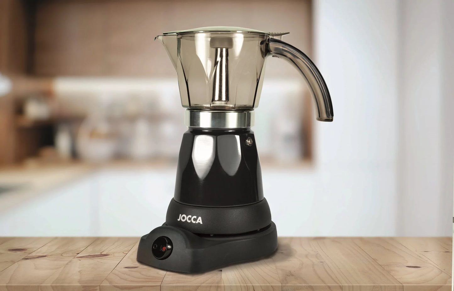 Induction coffee maker, electric and portable from JOCCA. Italian coffee EXPRESSO for 6 professional cups. Compact electric kettle with always hot system, 360 degree BASE, cold touch handle and 480W power.