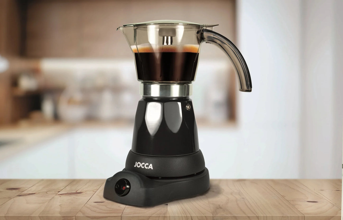 Induction coffee maker, electric and portable from JOCCA. Italian coffee EXPRESSO for 6 professional cups. Compact electric kettle with always hot system, 360 degree BASE, cold touch handle and 480W power.